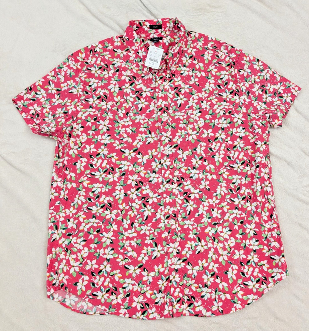 J.Crew sz XL Slim fit Shirt pink floral print short sleeve button flex wash 0152